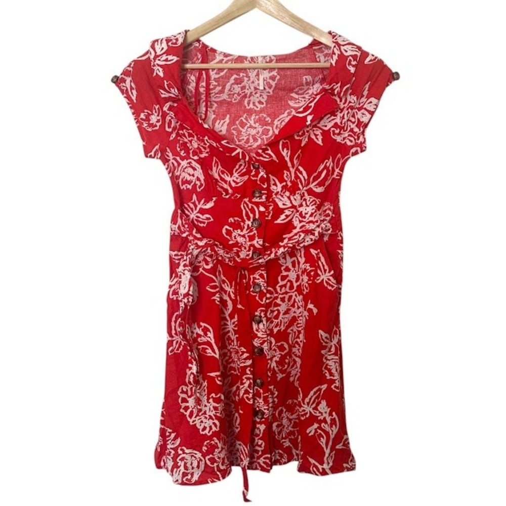 Free People Linen Blend Red Floral Collared Tie Front Mini Button Shirt Dress 4